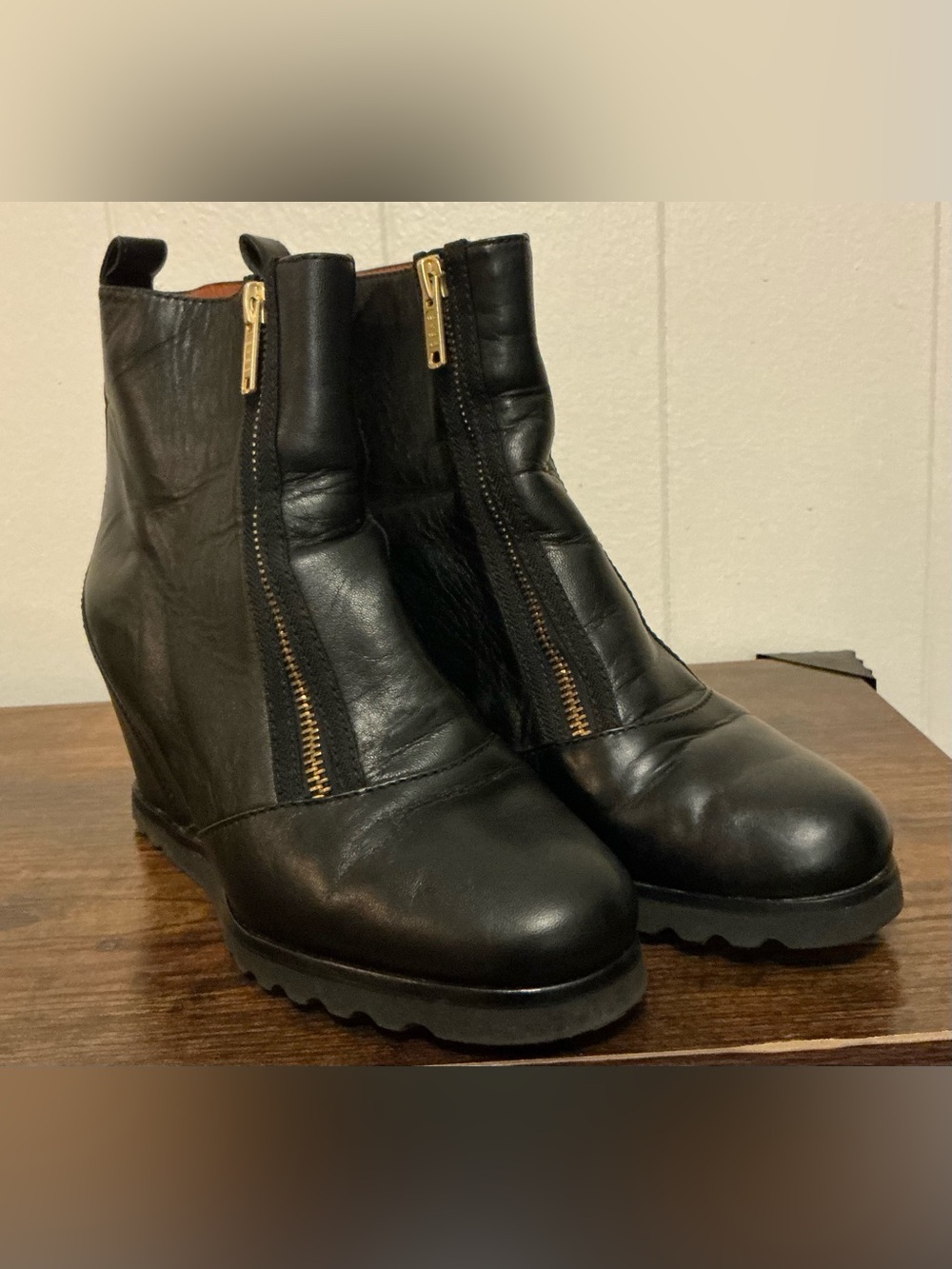 Black Rare Marc By Marc Jacobs Wedge Double Zip Leather Wedge Booties Shoes US36